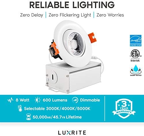LUXRITE 3 אינץ 'LED מתכוונן תאורה שקועה עם תיבת צומת, 3 צבעים ניתנים לבחירה 3000K | 4000K |